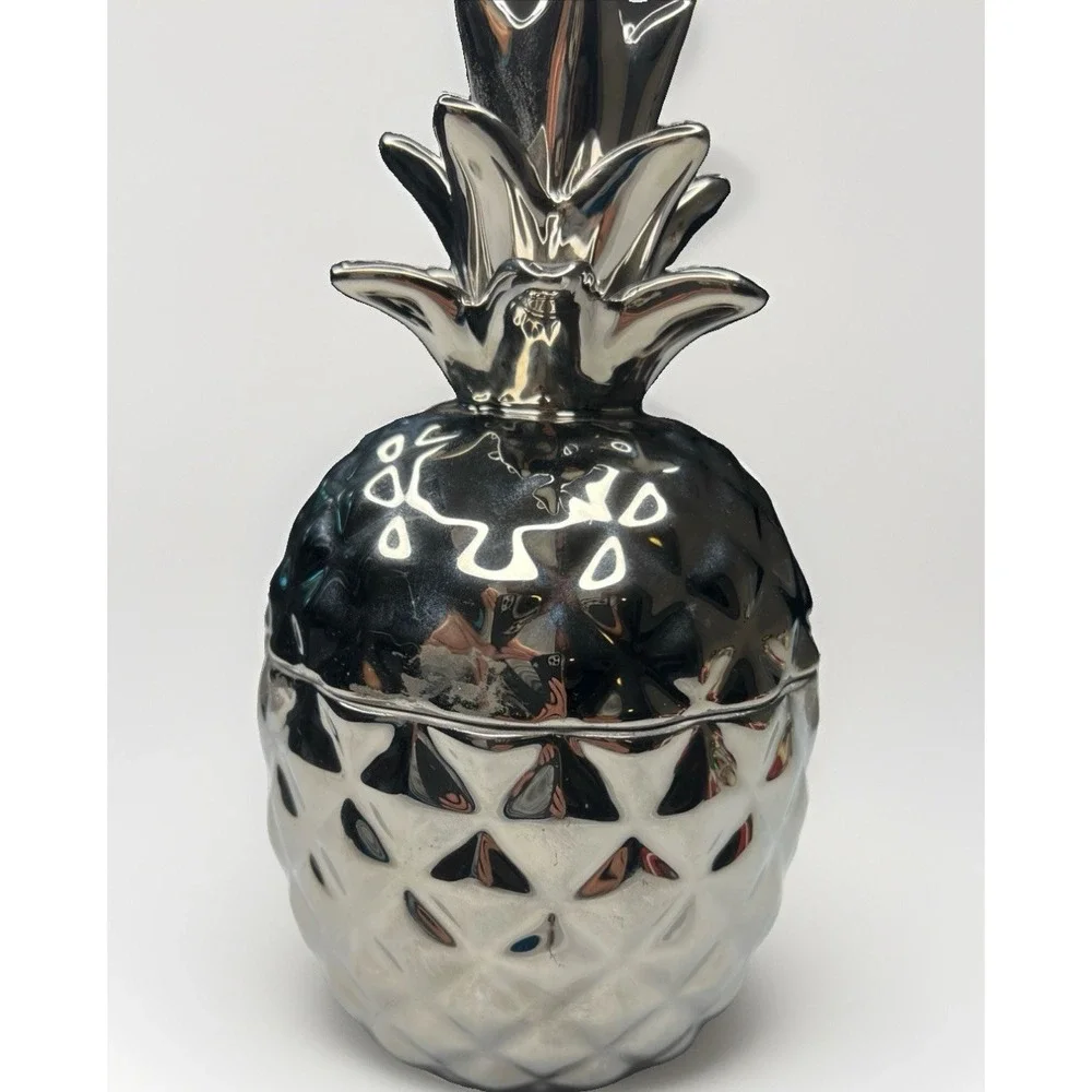 222 Fifth Hala Kahiki Silver Metalic  Pineapple Ceramic Lidded Canister Jar 8